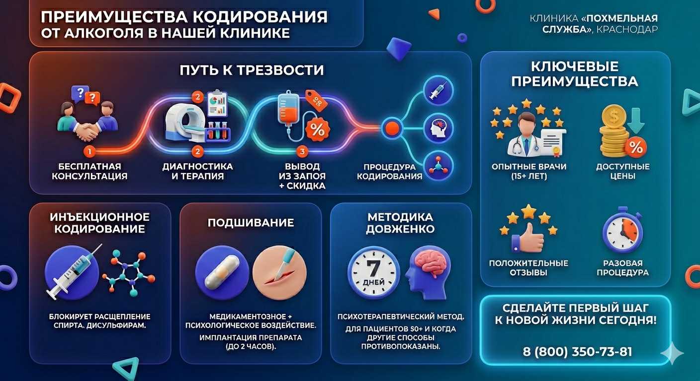Инфографика о методах кодирования от алкоголя в Бикине: инъекции, подшивание, метод Довженко. Преимущества клиники и этапы лечения.